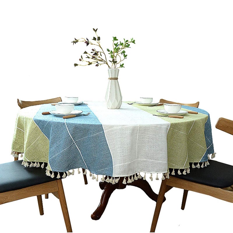 Dimatic Heavy Weight Cotton Linen Tablecloth, Plaid Tassel Round Table Cover for Kitchen Dining Room Tabletop Decorations, Round - 78", Blue Green - Image 1